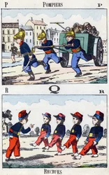 Lettere P Q R: Vigili del fuoco e reclute. Incisione in "Alphabet militaire enfantin". Imagerie di Pont-a-Mousson, circa 1890. 20 pagine. Dim: 28,5x21cm