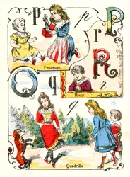 Lettere P Q e R come pauroso, risata e quadriglia. Incisione in "Alfabeto Divertente". Immagini di Pont-a-Mousson. Stampa e pubblicazione Louis Vagne, fine del XIX secolo