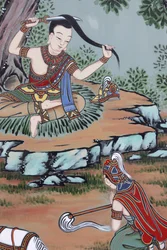 Vita del Buddha, il principe Siddhartha scambia i suoi abiti eleganti con stracci e si taglia i capelli lunghi, Seoul, Corea del Sud