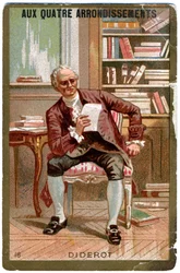 Letteratura. Il filosofo francese Denis Diderot. Immagine dal grande magazzino parigino: Aux Quatre Arrondissements, Francia, c.1900