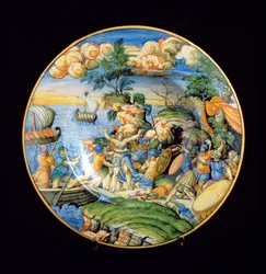 Piatto di maiolica raffigurante il rapimento di Elena di Troia, italiano