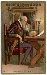 Medicina. Il chirurgo francese Ambroise Paré. Immagine dal grande magazzino parigino: Aux Quatre Arrondissements, Francia, c.1900