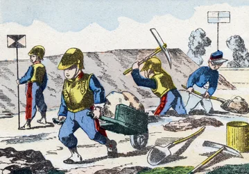 Minatori. Incisione in "Alphabet militaire enfantin". Immagini di Pont-a-Mousson, circa 1890. 20 pagine.