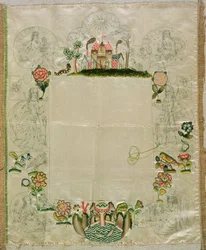 Cornice di specchio, ricamo incompiuto in sete colorate, metà del XVII secolo