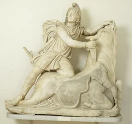 Mitra che sacrifica il toro, rilievo in marmo, romano, II secolo