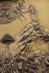 Mosè riceve i Dieci Comandamenti, Porta orientale del battistero a Firenze, anche chiamata Porte del Paradiso da Michelangelo, Scultura in bronzo del XV secolo di Lorenzo Ghiberti (1425-1452)