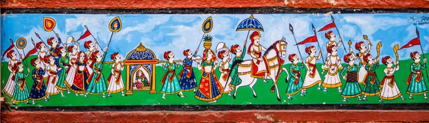 Murale nella città vecchia di Bundi, Bundi, Rajasthan, India, Asia