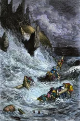 Miti e leggende: Sinbad e i suoi compagni dalle Mille e una notte. Incisione a colori di Gustave Doré.