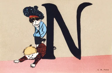 N come deridere - Alfabeto bambini. C. M. editore, Parigi. Cartoline dipinte a mano, affrancate nel 1904. Dimensioni: 14 x 9 cm
