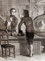 Nicéphore Niépce, ancora sconosciuto e povero, nel negozio di ottica e strumenti di Charles Chevalier, da Les Merveilles de la Science, pubblicato c.1870 (incisione)