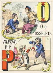 O P : osselets, pantin - Alfabeto dei Giochi, c.1890 (illustrazione)