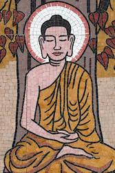 Pagoda buddista Ong Nui, affresco murale, La vita del Buddha, Buddha Shakyamuni seduto in meditazione sotto l