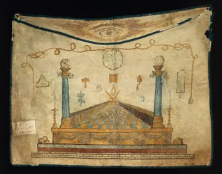 Grembiule da muratore in cuoio dipinto, muratura, Francia