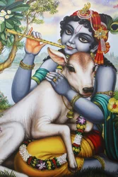 Il dio indù Krishna che suona un flauto e accarezza un vitello, India