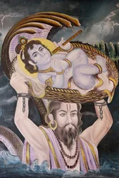 Dipinto a Gokul: Krishna bambino trasportato sul fiume Yamuna da Vasudeva. India