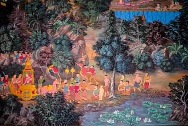 Dipinti di scene di villaggio con Buddha in Thailandia, Wat bang riang, Thub Pat, Phang Nga, Thailandia, Asia (foto)