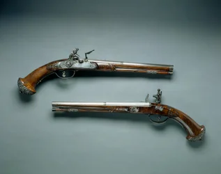 Coppia di pistole a pietra focaia, fabbricante di canne Lazarino Cominazzo, fabbricante di serrature Gio Borgognone, c.1690-1700