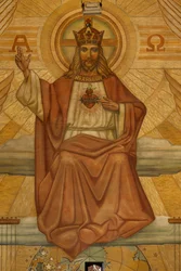 Chiesa parrocchiale (Heilig-Hartkerk). Interno. Modernismo. Il coro. Mosaico. Cristo.