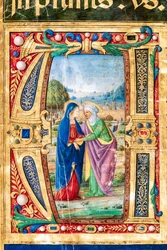 Biblioteca Piccolomini: libro del coro, cod. 14.P., ff. 2r con "la Visitazione di Maria e Sant