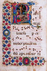 Biblioteca Piccolomini: libro corale, cod. 18.3, ff. 45v con “Predicazione di San Giovanni Battista”, di Girolamo da Cremona