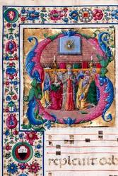 Biblioteca Piccolomini: libro corale, cod. 23.8, ff. 100v con “La Pentecoste”, di Girolamo da Cremona. (dettaglio)