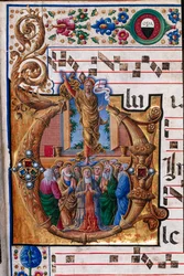Biblioteca Piccolomini: libro del coro, cod. 23.8, ff. 66r con "Ascensione di Cristo" (dettaglio)
