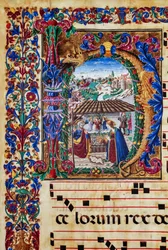 Biblioteca Piccolomini: libro del coro, cod. 2.B, ff. 5v con "Natività" (dettaglio)