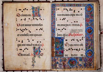 Biblioteca Piccolomini: libro del coro, cod. 8-H, ff. 1v-2r con "Cristo nel Giardino del Getsemani"