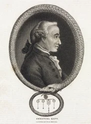 Ritratto del filosofo Immanuel Kant (1724-1804), in una cornice formata da un serpente che si morde la coda