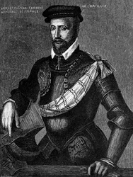 Ritratto di Gaspard de Coligny, Signore di Chatillon, nobile francese, ammiraglio e leader ugonotto nelle guerre di religione francesi, incisione