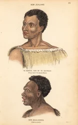 Ritratto di Te Kewiti, figlio di Te Kauwain, giovane capo dei Maori Ngate Watnas, Nuova Zelanda, e ritratto di un Maori tatuato, neozelandese, disegnato a Londra da Agasse