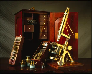 Microscopio in ottone di Powell e Lealand con tre gambe dotato di una scatola di legno con vari accessori