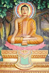 Monastero Preah Prom Rath, vita del Buddha, meditazione su un fiore di loto, il Buddha mostrato in posizione di toccare la terra, Siem Reap, Cambogia