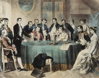 Presentazione nel 1801 degli esperimenti sulla batteria elettrica al Primo Console Napoleone Bonaparte da parte di Volta (incisione)
