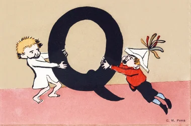 Q come lite - Alfabeto bambini. C. M. editore, Parigi. Cartoline dipinte a mano, affrancate nel 1904. Dimensioni: 14 x 9 cm