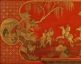 Mobile a ribalta Queen Anne laccato, dettaglio del coperchio della scrivania con figure in oro e nero su scarlatto