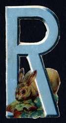 R come Coniglio. Decoupis di coleotteri sul tema degli animali. Incisione. Serie di 26 cromolitografie waffle di origine inglese. Editore e illustratore sconosciuti. Fine XIX secolo.