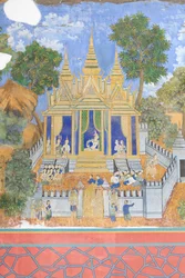 Affreschi del Reamker che adornano le pareti del complesso del palazzo reale a Phnom Penh, Cambogia