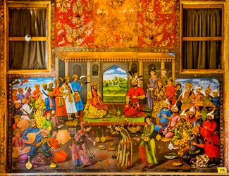 Accoglienza del sovrano Mughal Humayun 1544, affreschi con scene di corte e di battaglia, Palazzo Chehel Sotoun, Isfahan, Iran, Asia (foto)