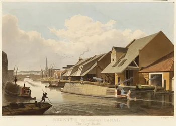 Regent Canal (o London Canal) (Inghilterra) e il bacino della città di Islington, il centro di traffico più importante del canale, descritto con magazzini e banchine di carico per le merci