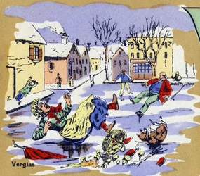 Abitanti di un villaggio che scivolano sul ghiaccio in inverno. Alfabeto illustrato. Immagini riunite a Jarville-Nancy, inizio del XX secolo.