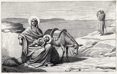 Riposo durante la fuga in Egitto. Alfabeto del bambino Gesù. Edizione del 1932. Xilografie firmate H G. Collezione privata