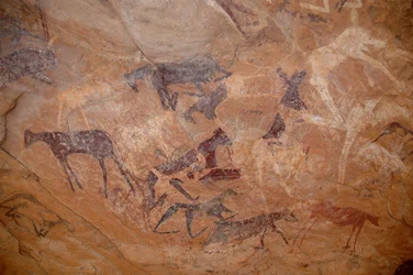 Arte rupestre, Preistoria: Pittura rupestre di bovini, un ginocchio in un rifugio adornato nel massiccio di Uweinat, Sudan (Karkur-Talh o Karkur Talh). Periodo da 8000 a 3000 anni a.C.