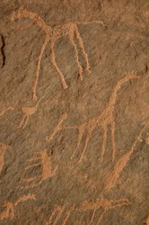 Arte rupestre, Preistoria: Incisione di giraffe, struzzi, altri animali e personaggi nel massiccio di Uweinat, Sudan