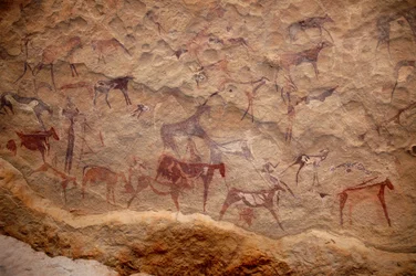 Arte rupestre, Preistoria: Pittura rupestre di un gruppo di bovini e personaggi policromi (pastori e arcieri) in un rifugio ornato, nel massiccio di Uweinat, Sudan. Periodo da 8000 a 3000 anni a.C. Fotografia