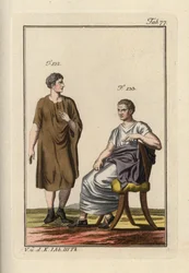 Uomo romano che indossa la paenula e un senatore romano seduto