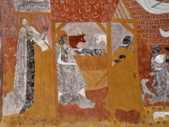 Arte romanica: Affreschi della cappella funeraria di Santa Caterina de Jouhet, Vienne, Poitou-Charentes, Francia. Natività. Fotografia