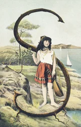 S : Una giovane ragazza con una gonna corta e un corpetto senza maniche tiene una mandolina nella mano sinistra. Ambiente campestre - Alfabeto personaggi Rif Th. E., L. Theochrom - Serie 994. Theodor Eisman, editore, Lipsia