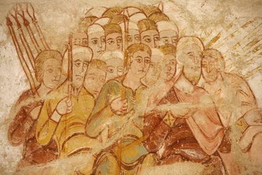 Abbazia di Saint-Savin dipinto: Abramo e i suoi seguaci in battaglia, Saint-Savin-sur-Gartempe, Francia