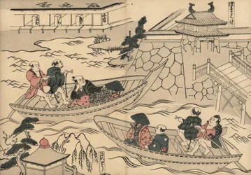 Samurai che attraversano il fiume in barca verso i quartieri del piacere di Yoshiwara (stampa giapponese)